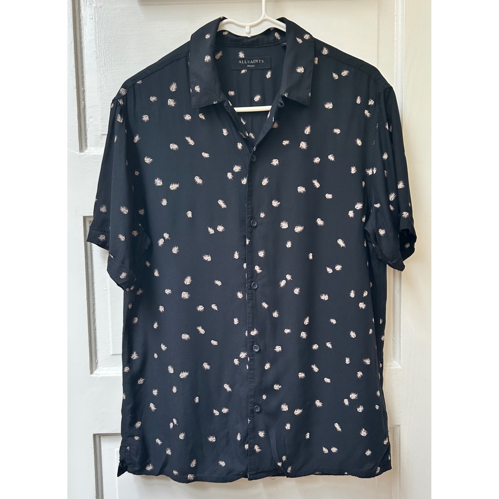 AllSaints Nauvoo Short Sleeve Black Graphic Print Button Front Shirt Small